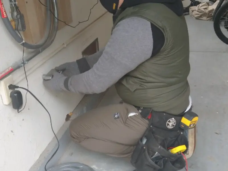 Electrician performing outlet wiring in a Lake Wilderness garage